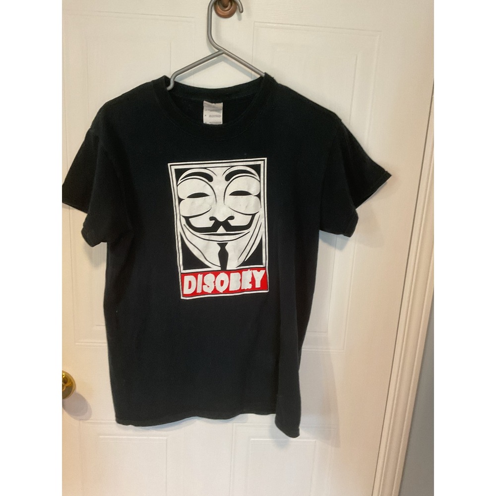 Gildan Graphic T-Shirt Mens Small Black Excellent Disobey Guy Fawkes Mask Tee